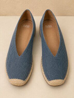 EILEEN FISHER Washed Blue Linen Espadrille Flats | Leather Footbed | Size 9